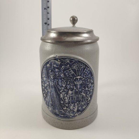 Gerz Salt Glaze Stein Relief Embossed Pottery with Pewter Lid Vtg W.Germany 6.5" - Picture 11 of 13